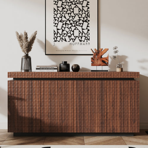 AEELLEEA Modern Walnut Brown Sideboard Buffet Cabinet with 4 Doors, 3D Geometric Textured Storage Cabinet for Dining Room