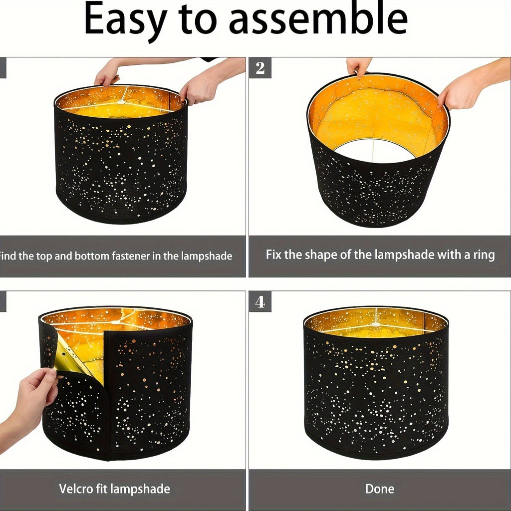 2-Pack Black Starry Sky Drum Lamp Shades, Collapsible Lampshades with Gold Inner Lining, Includes Harp for E26/E27/E14