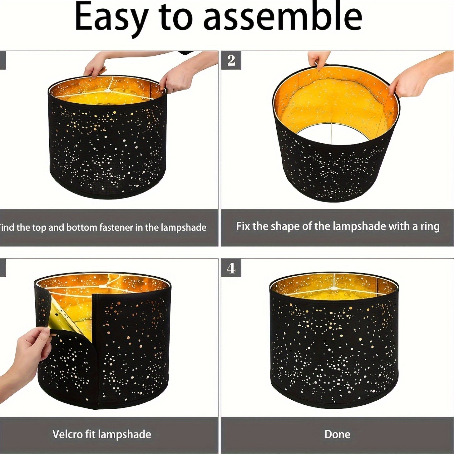2-Pack Black Starry Sky Drum Lamp Shades, Collapsible Lampshades with Gold Inner Lining, Includes Harp for E26/E27/E14