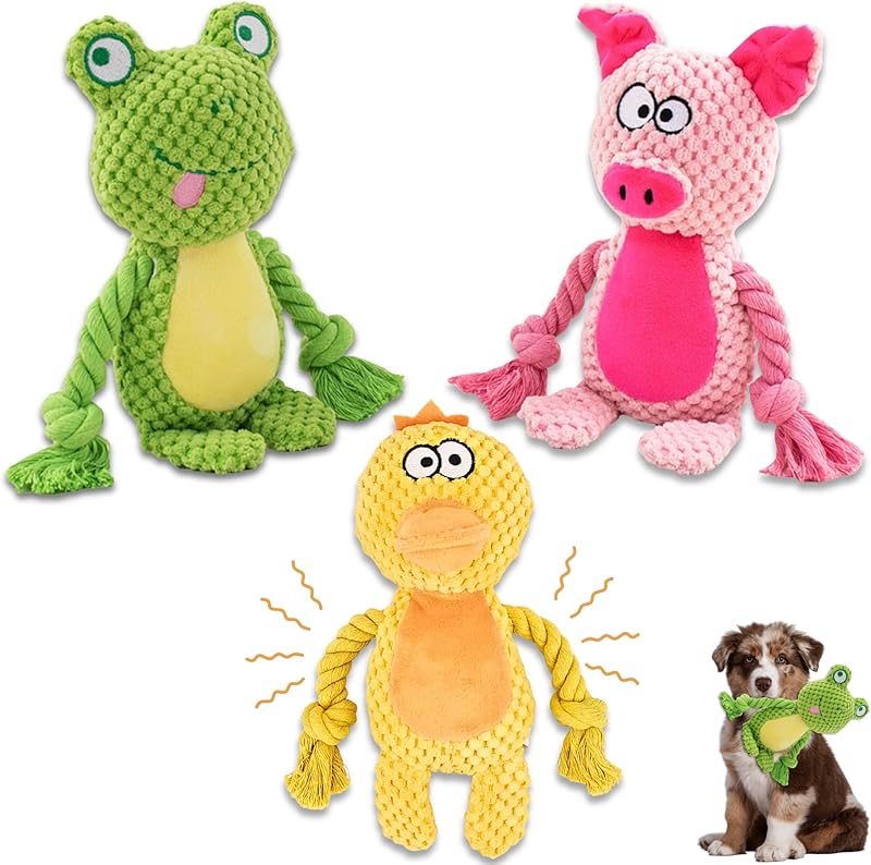 Plush Dog Toys, 3-Pack Variety Set with Squeaker, Crinkle Paper, Rope, Non-Toxic, Soft & Durable, Teething Puppy Toys- Farm Friends or Jungle Pals, 9.45 x 3.94 inches (Jungle Pals)
