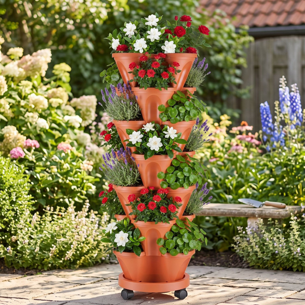 7‑Tier Vertical Stackable Planter with Rolling Casters, Reddish‑Brown Space‑Saving Planting Tower with Drainage Holes for Home Balcony Patio Herb Vegetable