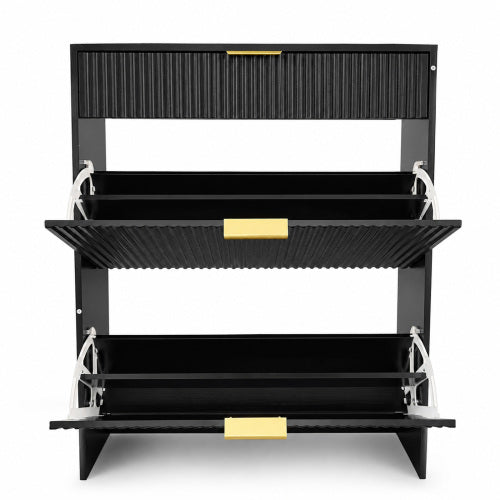 AEELLEEA Narrow Fluted Entryway Shoe Storage Cabinet, Freestanding Flip Drawer Shoe Rack with Gold Handles for Hallway Bedroom