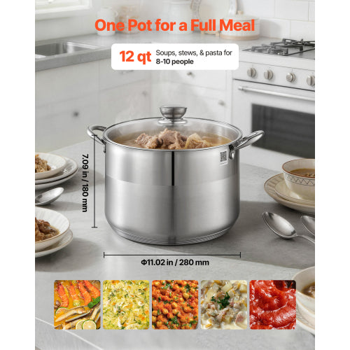 12 Quart Stainless Steel Stock Pot with Glass Lid, 11.4 L Soup Pot Induction Compatible for Gas Electric Ceramic Cooktop