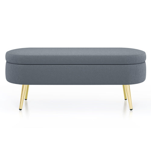 AEELLEEA 43 Inch Oval Storage Ottoman Bench, Grey Textured Fabric Bench with Gold Metal Legs for Bedroom Entryway