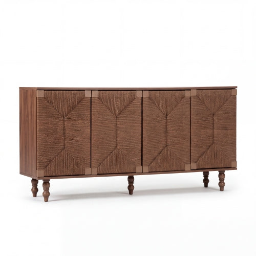 AEELLEEA 59" Walnut Brown Sideboard Buffet Cabinet with 4 Textured Doors, Farmhouse Storage Cabinet with Shelves for Dining Room