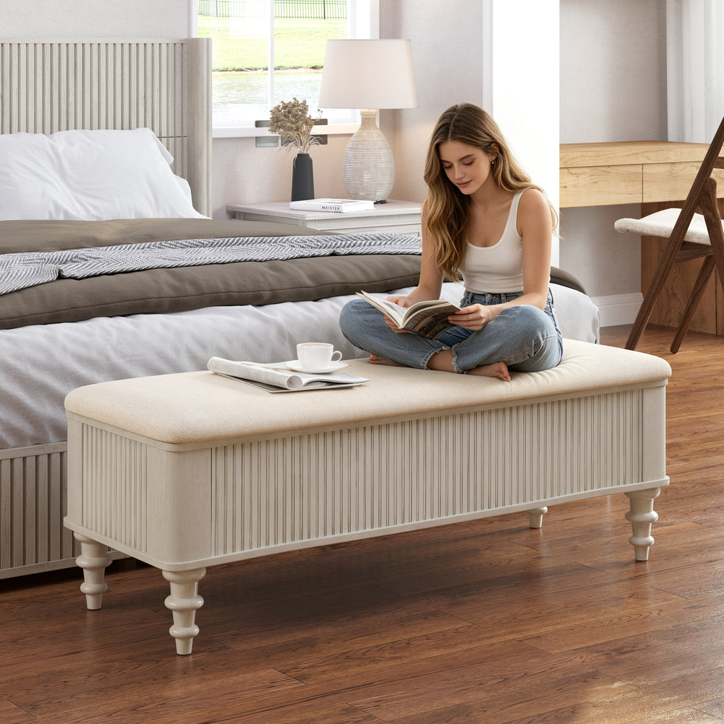AEELLEEA 50.8" Beige Storage Ottoman Bench, Rubberwood Bed End Bench, Linen Upholstery Hidden Storage for Bedroom Entryway