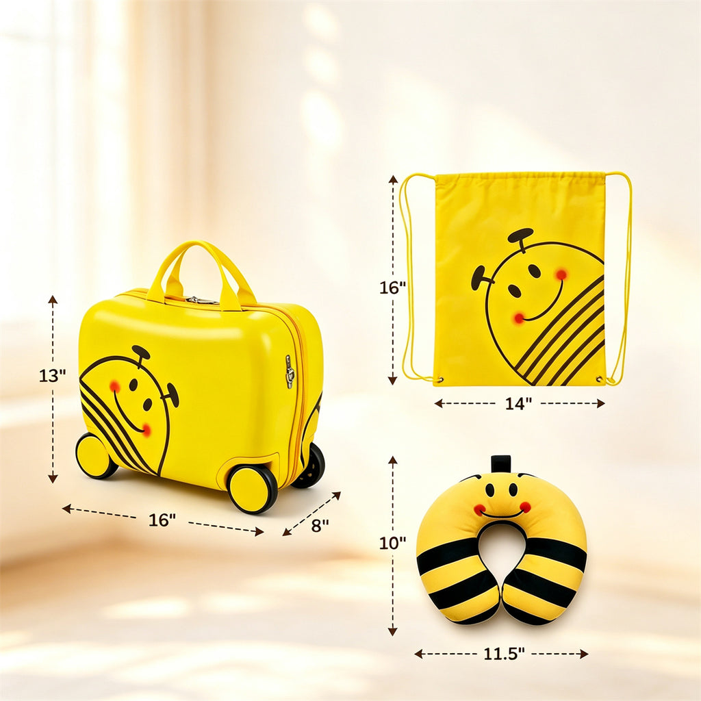 AEELLEEA 3 Piece Bee Kids Ride-On Luggage Set, 16 Inch Rolling Suitcase with Drawstring Backpack & Neck Pillow for Toddler Travel