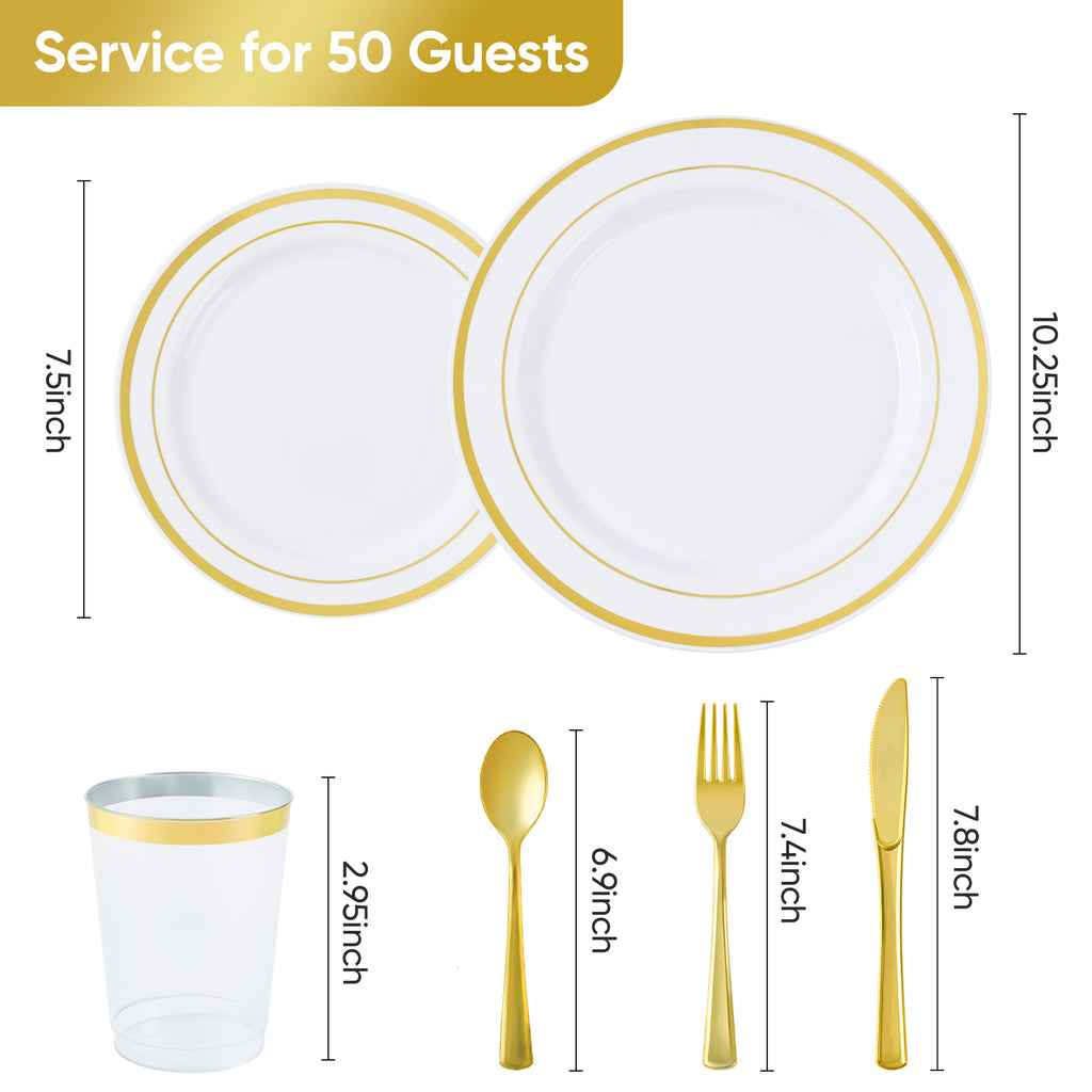 350Pcs Gold Disposable Dinnerware Set for 50 Guests, White Plastic Plates with Gold Rim, Cups, Gold Cutlery, Heavy‑Duty Party Supplies for Wedding Birthday Banquet