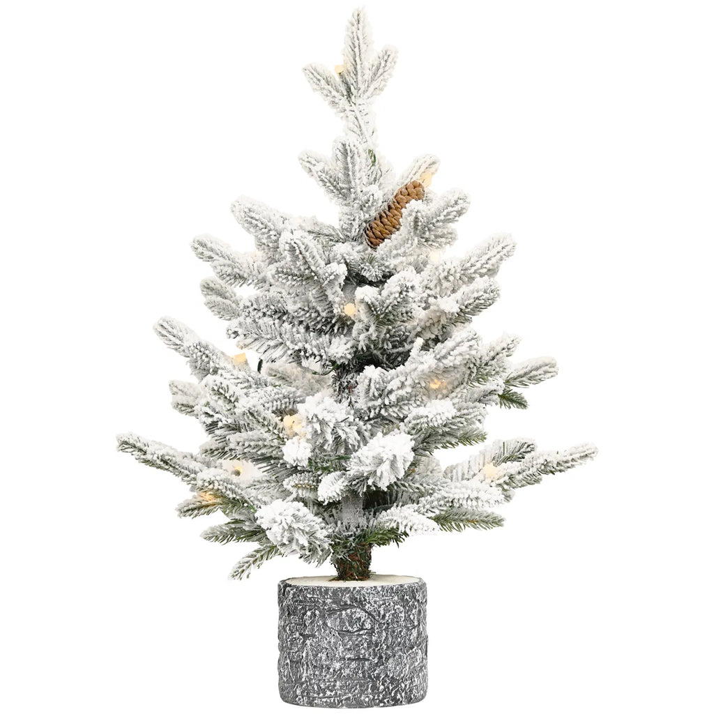 4.5FT Pre-Lit Flocked Artificial Christmas Tree, 150 Warm White LED Lights, 19 Pine Cones, Snow Frosted PE+PVC Tabletop Xmas Tree for Indoor Holiday Decor