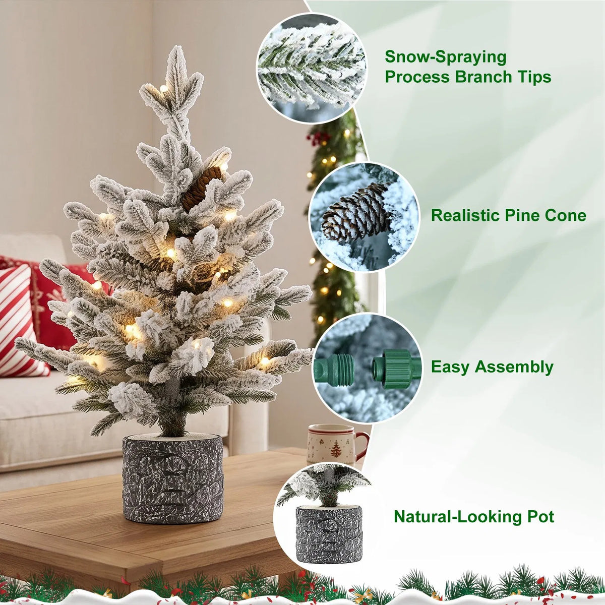 4.5FT Pre-Lit Flocked Artificial Christmas Tree, 150 Warm White LED Lights, 19 Pine Cones, Snow Frosted PE+PVC Tabletop Xmas Tree for Indoor Holiday Decor
