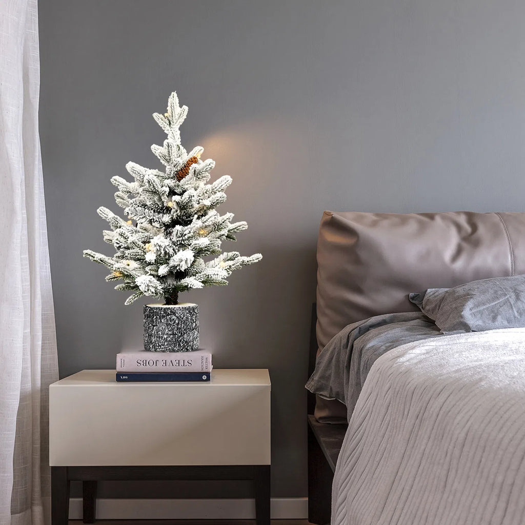 4.5FT Pre-Lit Flocked Artificial Christmas Tree, 150 Warm White LED Lights, 19 Pine Cones, Snow Frosted PE+PVC Tabletop Xmas Tree for Indoor Holiday Decor