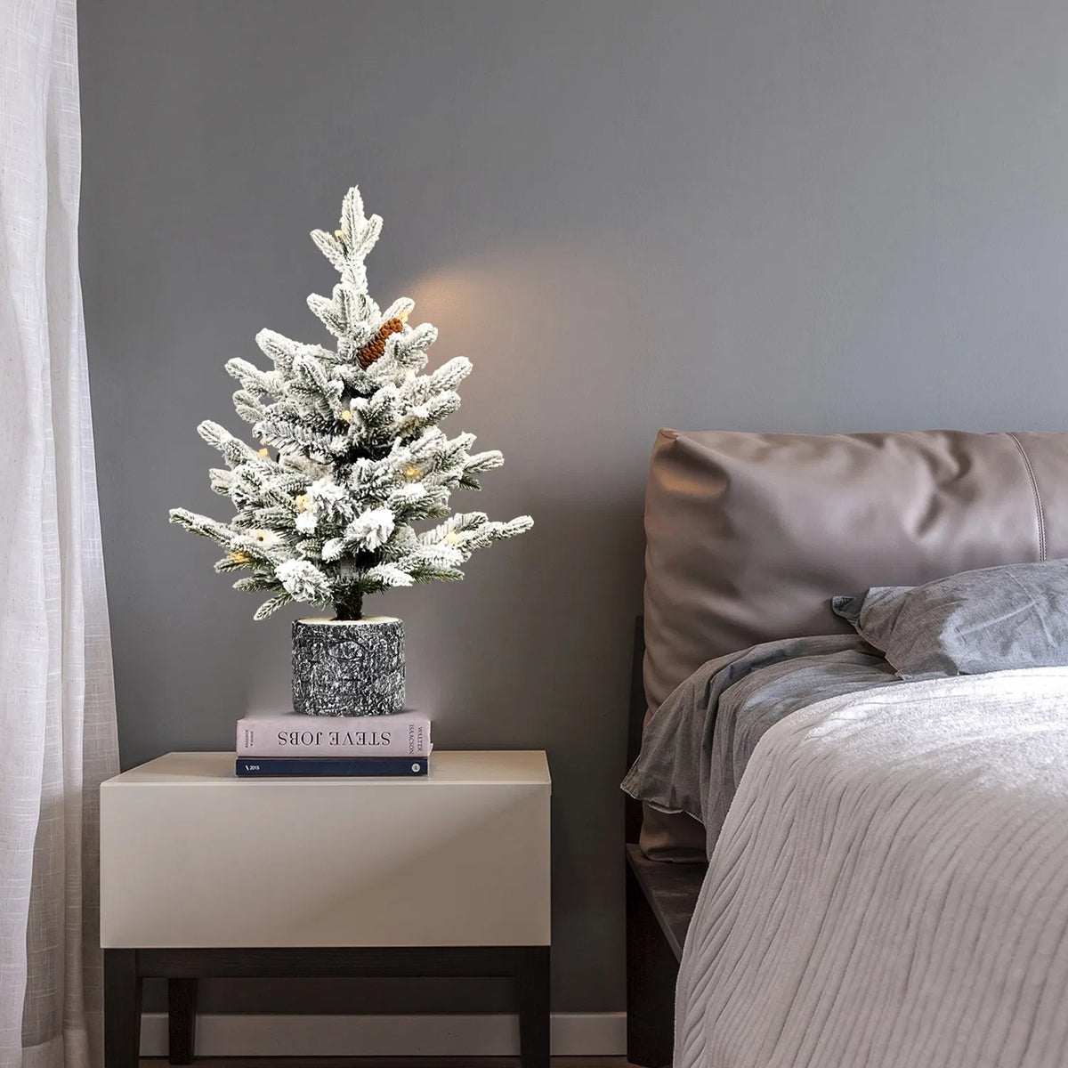 4.5FT Pre-Lit Flocked Artificial Christmas Tree, 150 Warm White LED Lights, 19 Pine Cones, Snow Frosted PE+PVC Tabletop Xmas Tree for Indoor Holiday Decor