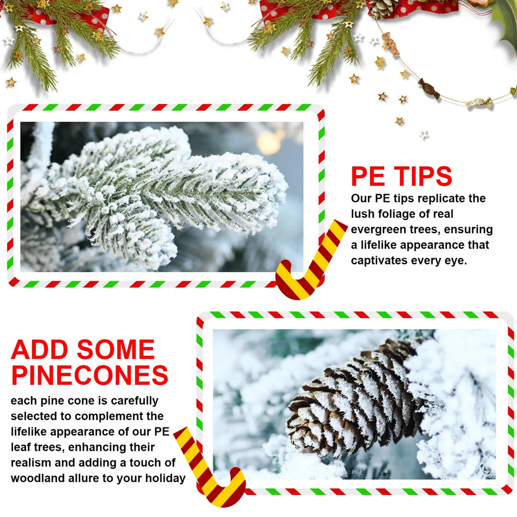 4.5FT Pre-Lit Flocked Artificial Christmas Tree, 150 Warm White LED Lights, 19 Pine Cones, Snow Frosted PE+PVC Tabletop Xmas Tree for Indoor Holiday Decor