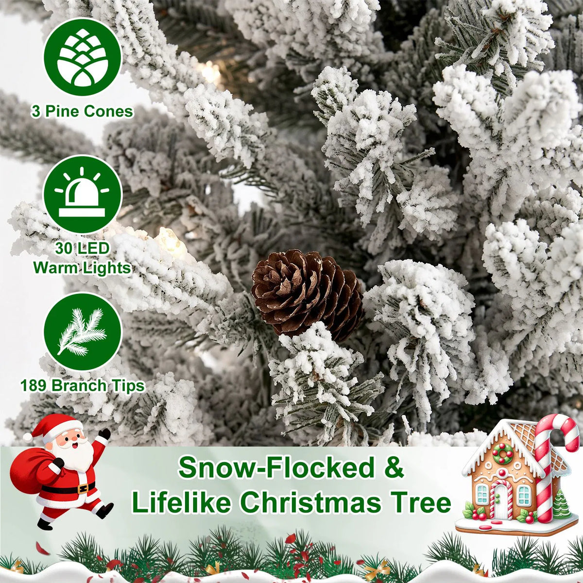 4.5FT Pre-Lit Flocked Artificial Christmas Tree, 150 Warm White LED Lights, 19 Pine Cones, Snow Frosted PE+PVC Tabletop Xmas Tree for Indoor Holiday Decor