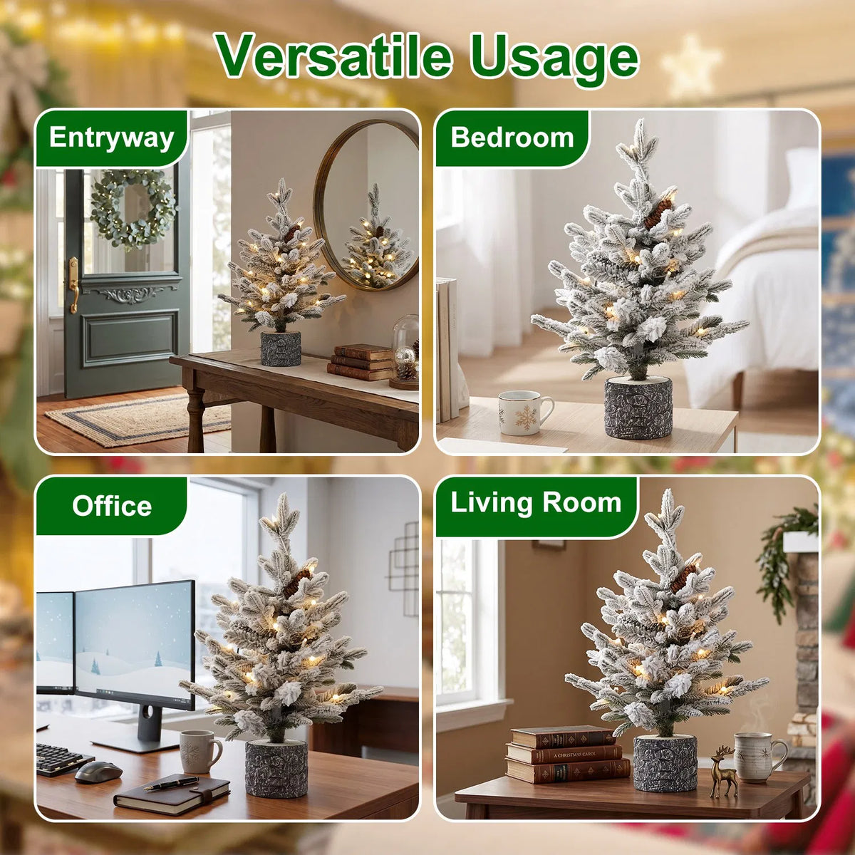 4.5FT Pre-Lit Flocked Artificial Christmas Tree, 150 Warm White LED Lights, 19 Pine Cones, Snow Frosted PE+PVC Tabletop Xmas Tree for Indoor Holiday Decor