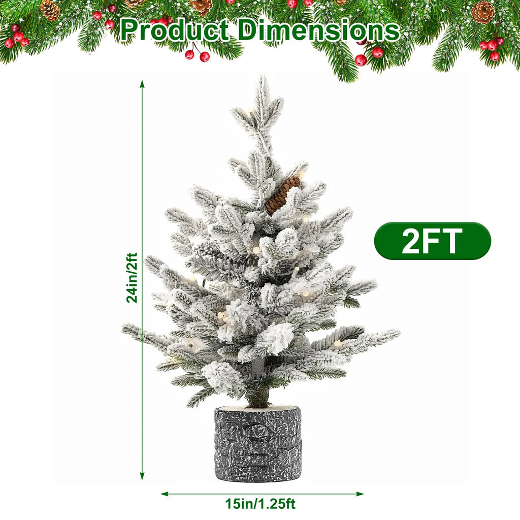 4.5FT Pre-Lit Flocked Artificial Christmas Tree, 150 Warm White LED Lights, 19 Pine Cones, Snow Frosted PE+PVC Tabletop Xmas Tree for Indoor Holiday Decor