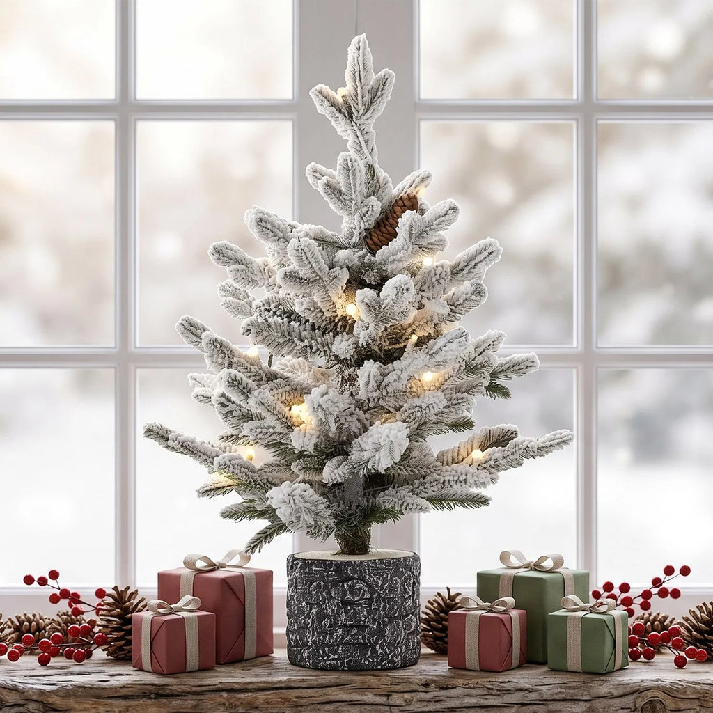 4.5FT Pre-Lit Flocked Artificial Christmas Tree, 150 Warm White LED Lights, 19 Pine Cones, Snow Frosted PE+PVC Tabletop Xmas Tree for Indoor Holiday Decor