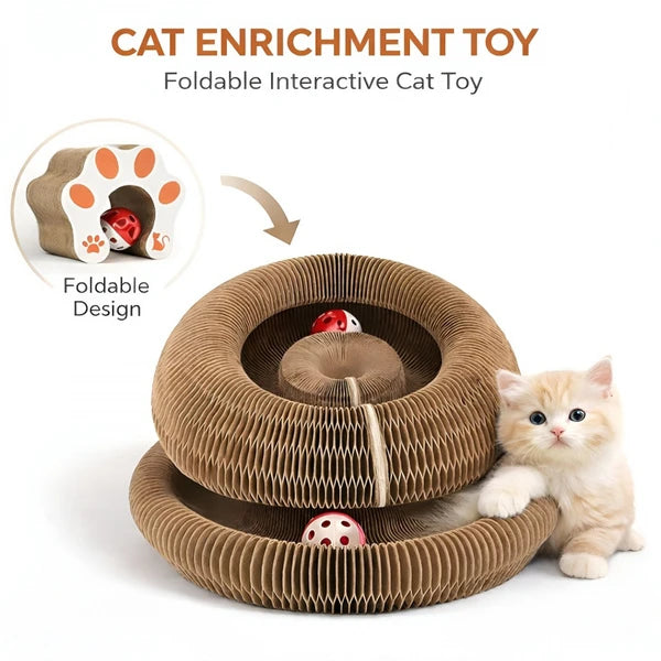 Foldable Cat Scratcher Toy with Rolling Balls, Magnetic Cardboard Interactive Cat Enrichment Toy - Brown