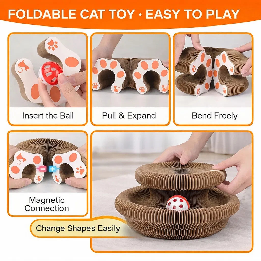 Foldable Cat Scratcher Toy with Rolling Balls, Magnetic Cardboard Interactive Cat Enrichment Toy - Brown