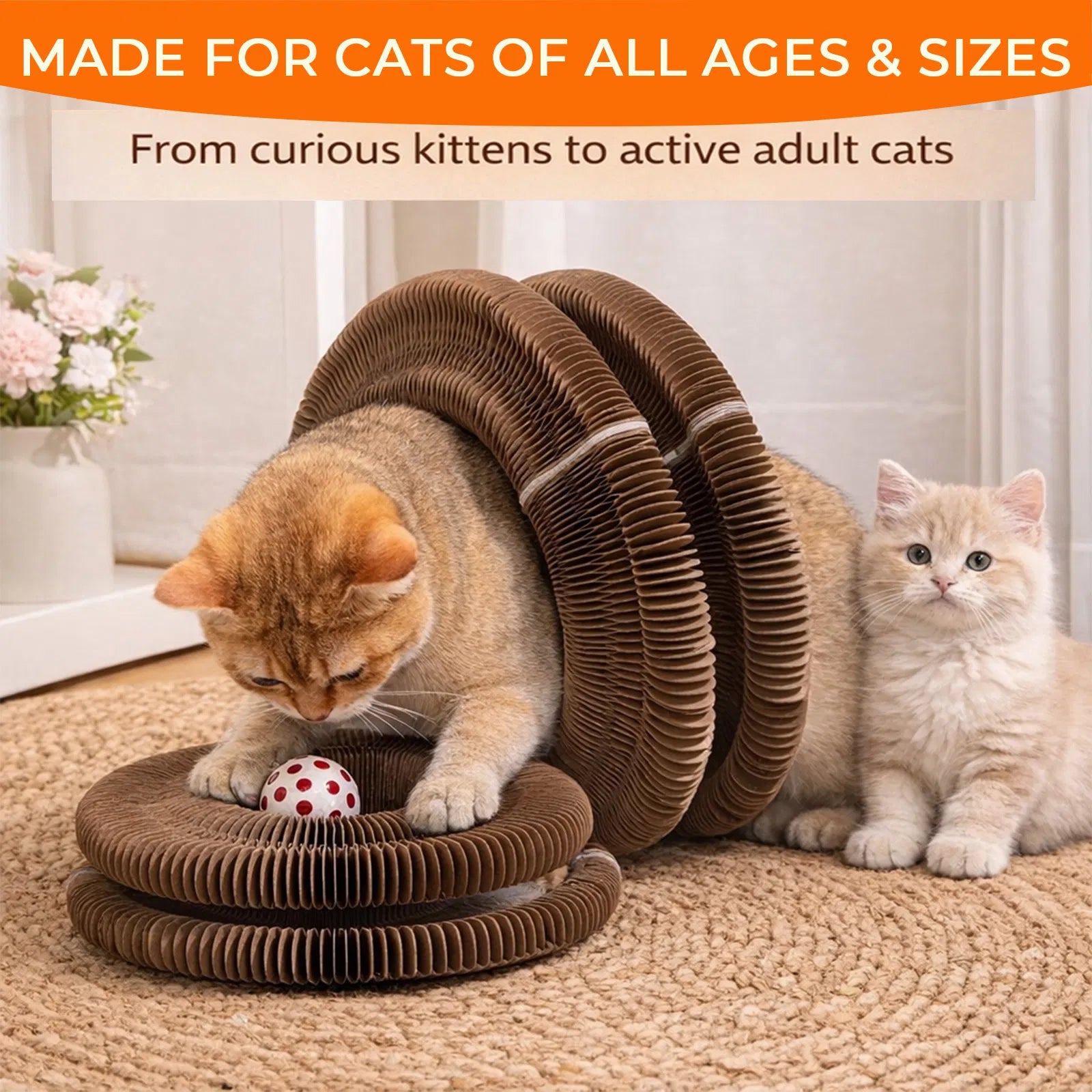 Foldable Cat Scratcher Toy with Rolling Balls, Magnetic Cardboard Interactive Cat Enrichment Toy - Brown
