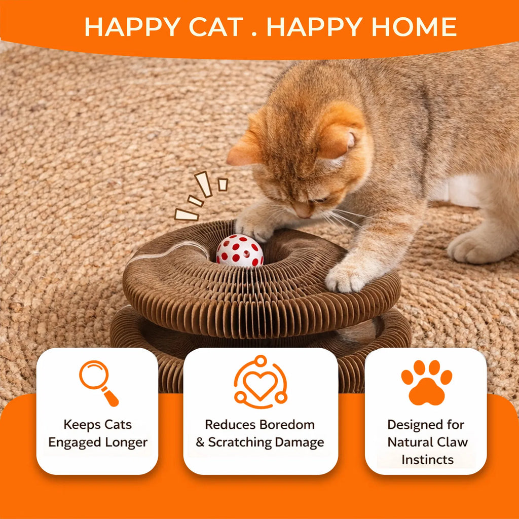 Foldable Cat Scratcher Toy with Rolling Balls, Magnetic Cardboard Interactive Cat Enrichment Toy - Brown