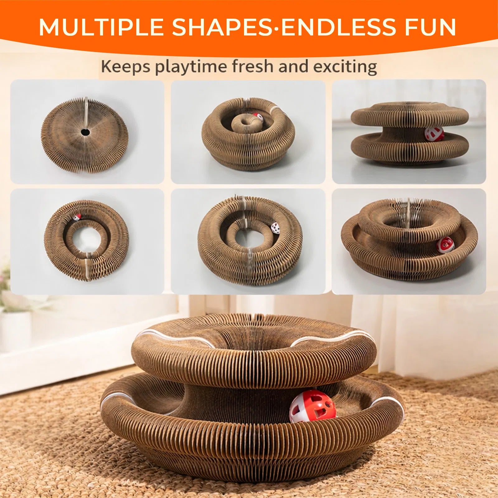 Foldable Cat Scratcher Toy with Rolling Balls, Magnetic Cardboard Interactive Cat Enrichment Toy - Brown