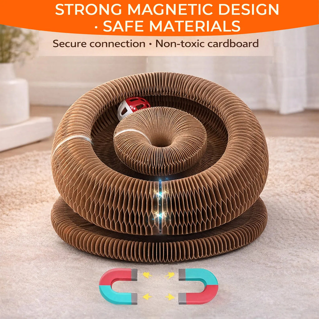 Foldable Cat Scratcher Toy with Rolling Balls, Magnetic Cardboard Interactive Cat Enrichment Toy - Brown