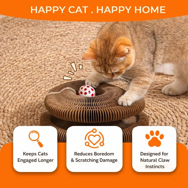 3-in-1 Foldable Magnetic Cat Scratcher Toy, Interactive Cardboard Cat Scratch Pad with Rolling Bell Ball, Expandable Cat Enrichment Toy for Kittens & Adult Cats, Furniture Protector