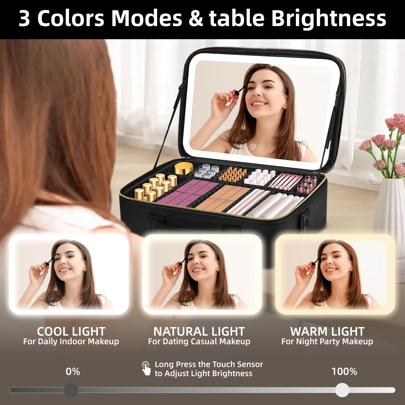 15" Lighted Makeup Organizer 3Color Mirror Adjustable Dividers Travel Ready