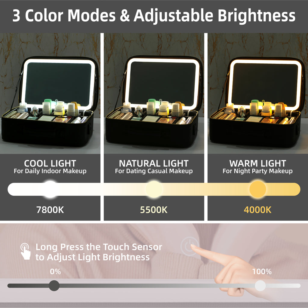 15" Lighted Makeup Organizer 3Color Mirror Adjustable Dividers Travel Ready