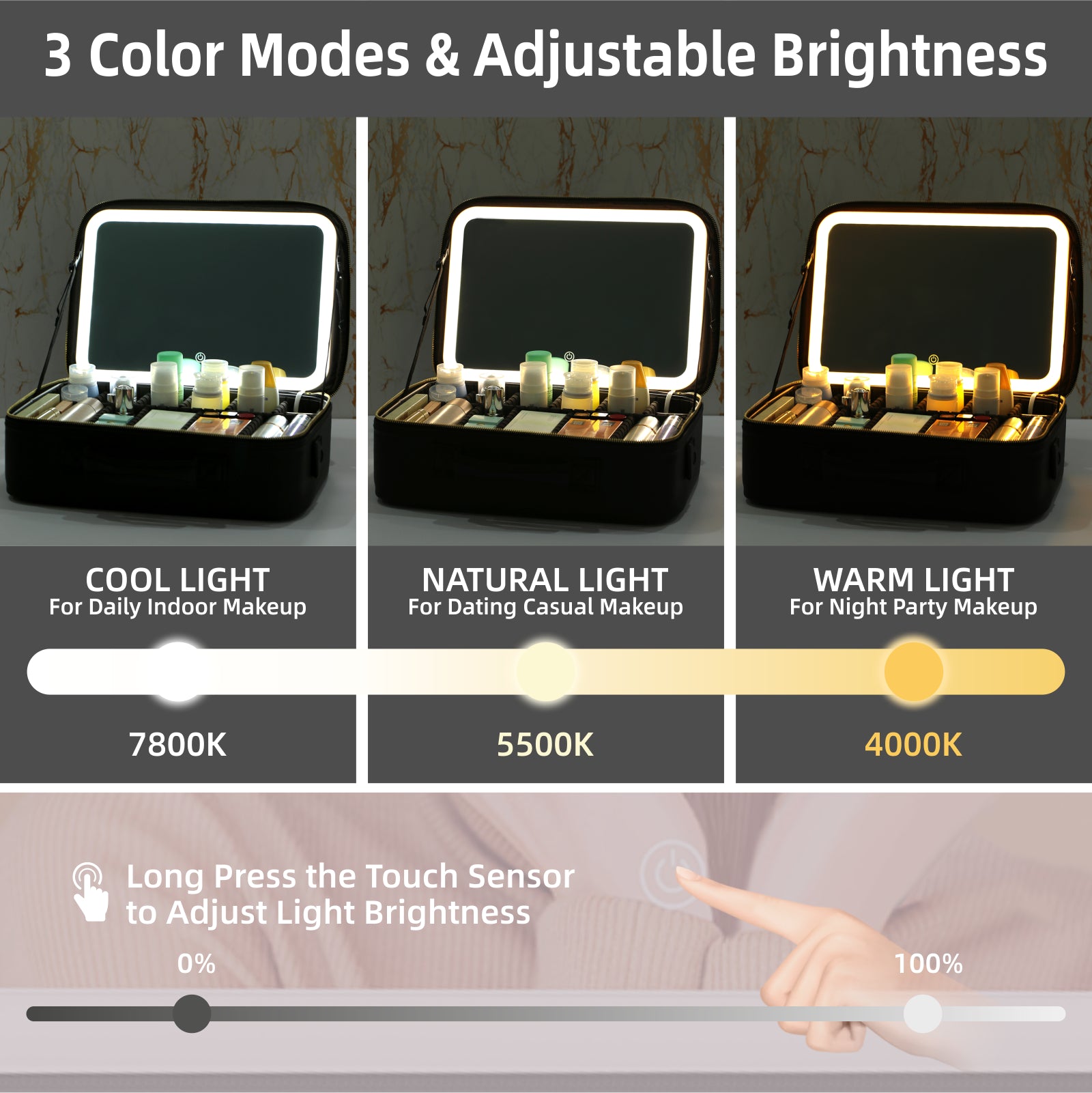 15" Lighted Makeup Organizer 3Color Mirror Adjustable Dividers Travel Ready