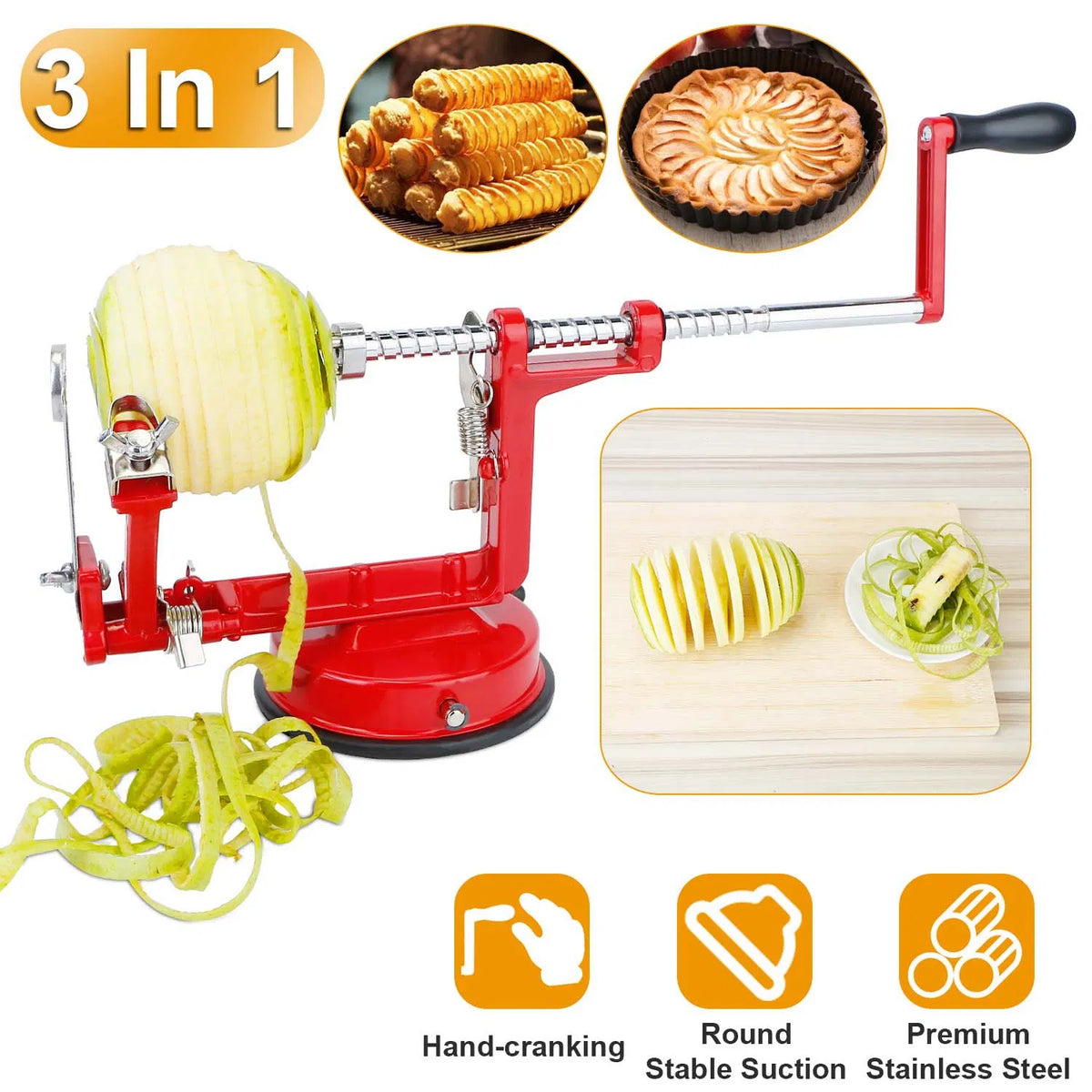 Hand Crank Apple Peeler Slicer Corer 3-in-1, Stainless Steel Blade, Strong Suction Base, Red