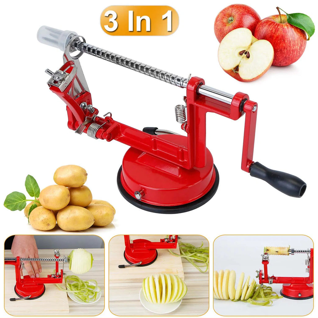 Hand Crank Apple Peeler Slicer Corer 3-in-1, Stainless Steel Blade, Strong Suction Base, Red