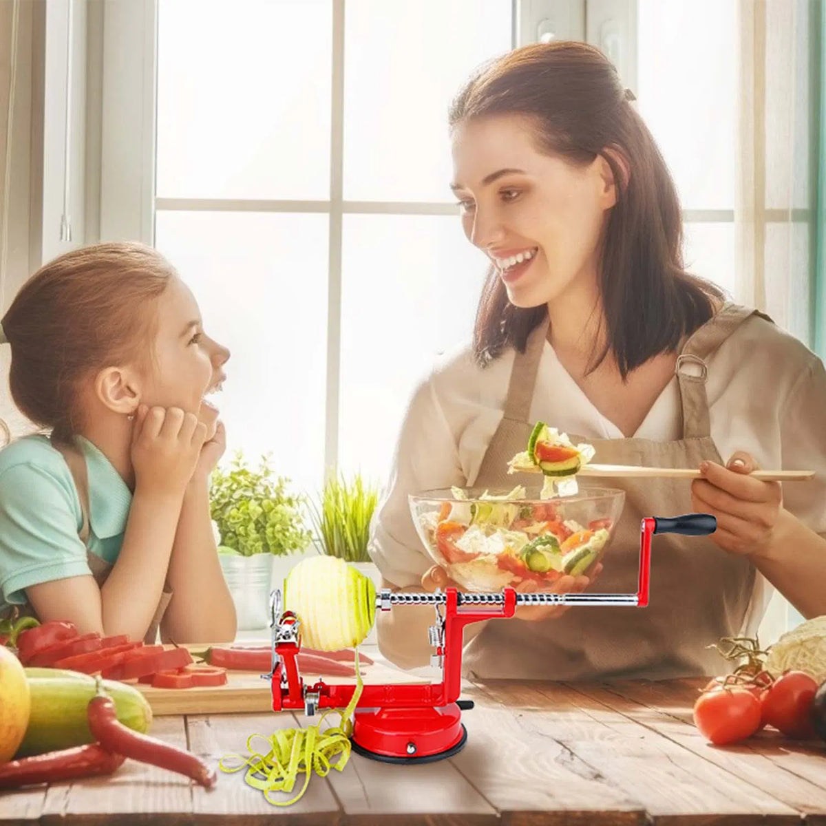 Hand Crank Apple Peeler Slicer Corer 3-in-1, Stainless Steel Blade, Strong Suction Base, Red