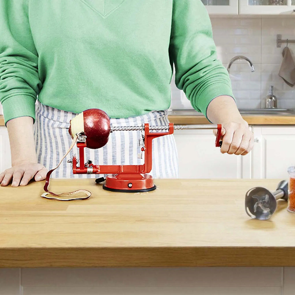Hand Crank Apple Peeler Slicer Corer 3-in-1, Stainless Steel Blade, Strong Suction Base, Red
