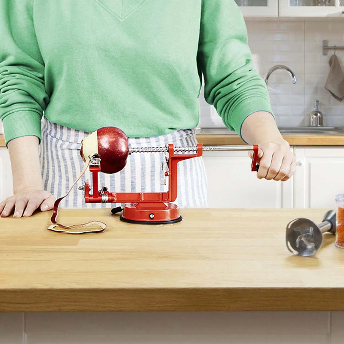 Hand Crank Apple Peeler Slicer Corer 3-in-1, Stainless Steel Blade, Strong Suction Base, Red