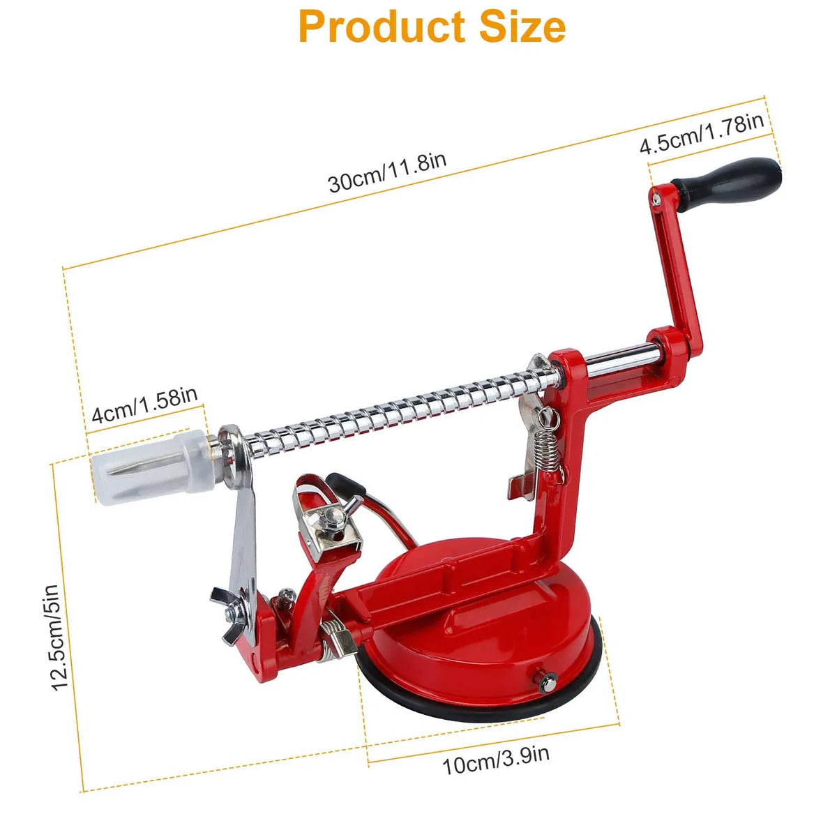Hand Crank Apple Peeler Slicer Corer 3-in-1, Stainless Steel Blade, Strong Suction Base, Red