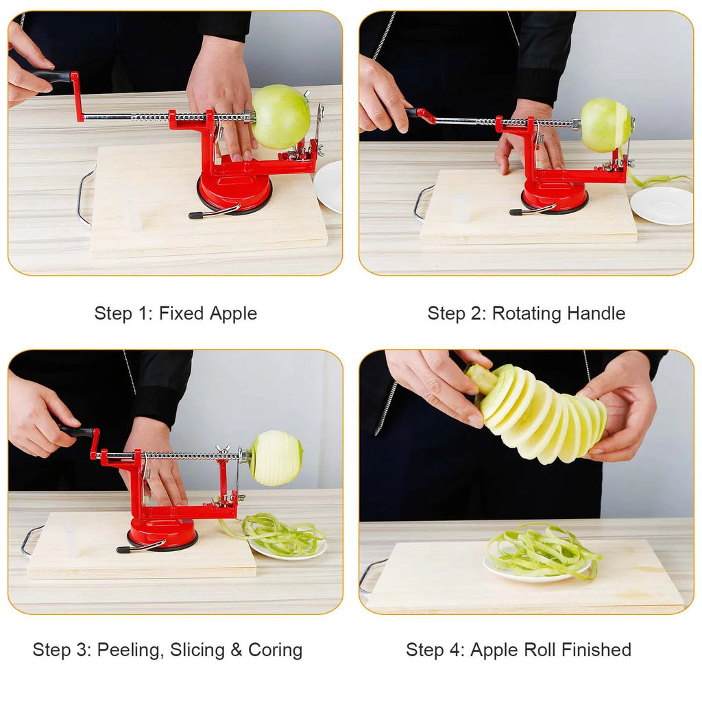 Hand Crank Apple Peeler Slicer Corer 3-in-1, Stainless Steel Blade, Strong Suction Base, Red