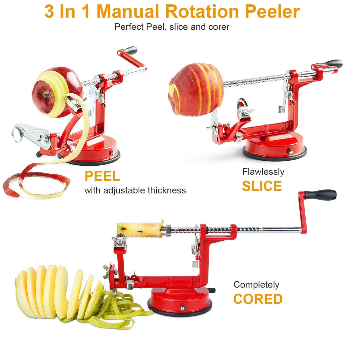 Hand Crank Apple Peeler Slicer Corer 3-in-1, Stainless Steel Blade, Strong Suction Base, Red