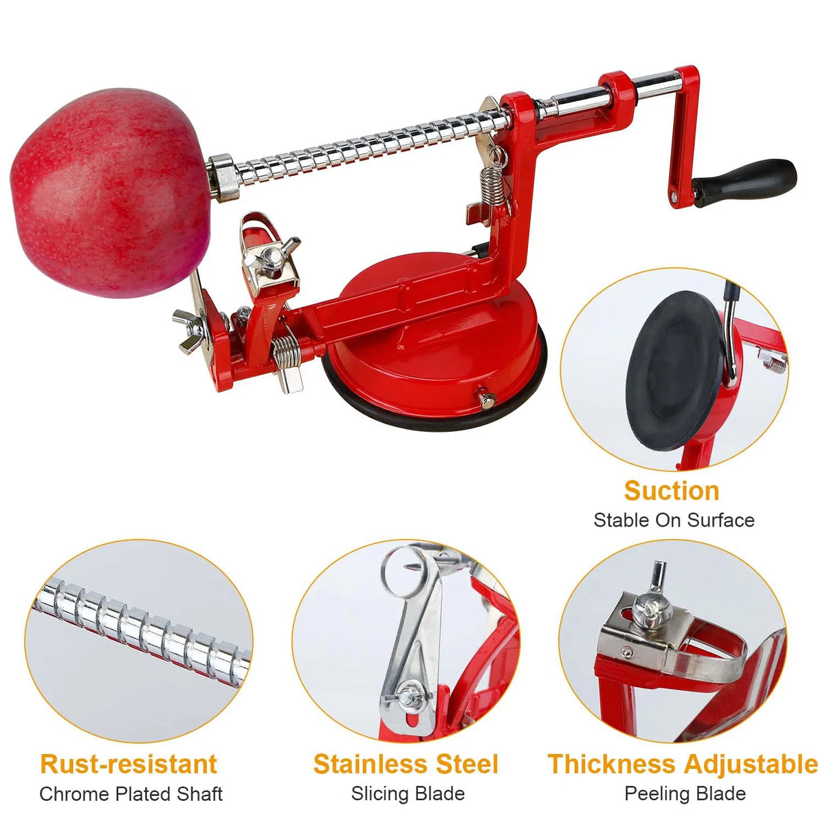 Hand Crank Apple Peeler Slicer Corer 3-in-1, Stainless Steel Blade, Strong Suction Base, Red