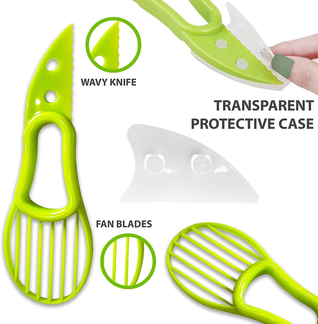 3-in-1 Avocado Slicer Cutter Pitter, Multifunctional Fruit Slicing Tool with Protective Cover, Food Grade Kitchen Gadget for Kiwi Strawberry Peach Apple Pitaya