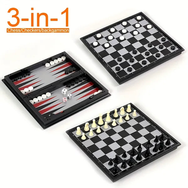 3‑in‑1 Magnetic Travel Chess Set, Foldable Portable Board Game, Road Trip Desktop Toy, Fun Birthday Gift for Kids