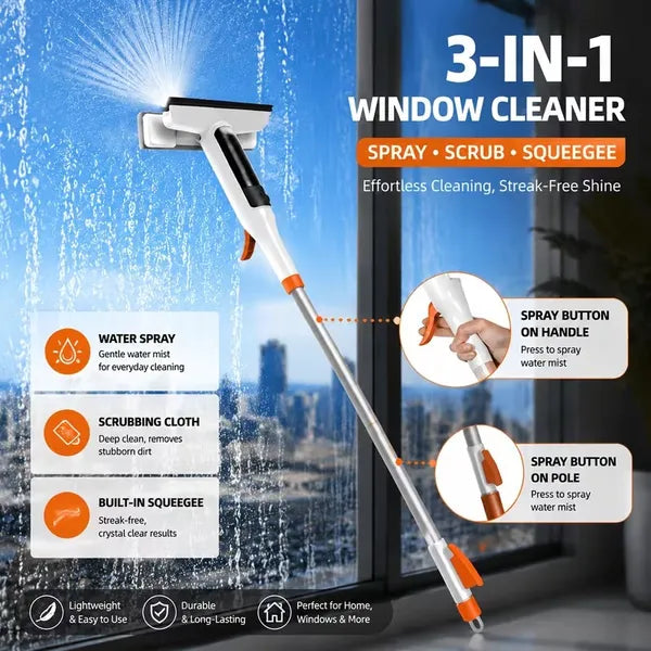 3 in 1 Window Squeegee Cleaning Set, Spray, Scrub & Streak-Free Wiper for Glass, Mirror & Car Windshield