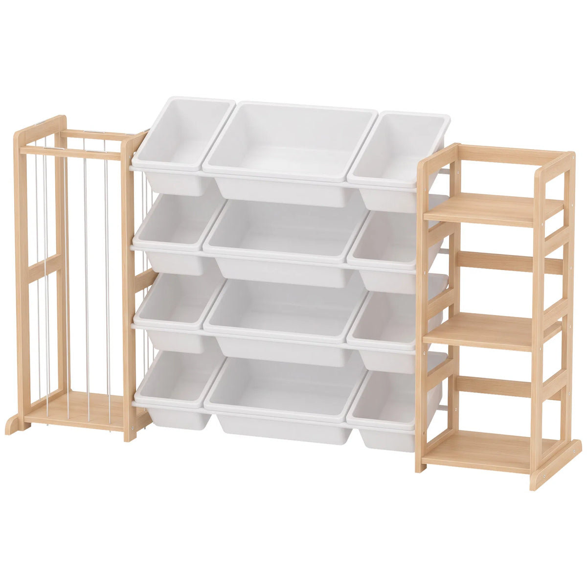 3‑in‑1 Wooden Kids Toy Storage Organizer with 12 Removable Bins, Bookshelf & Stuffed Animal Storage for Bedroom Playroom Nursery