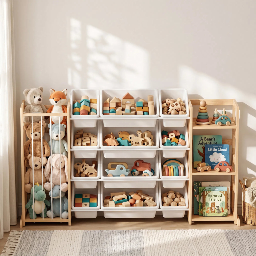 3‑in‑1 Wooden Kids Toy Storage Organizer with 12 Removable Bins, Bookshelf & Stuffed Animal Storage for Bedroom Playroom Nursery