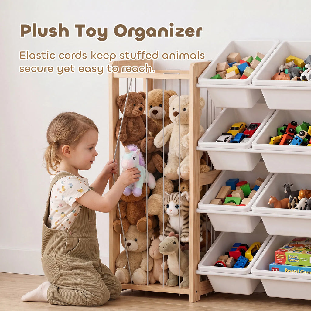 3‑in‑1 Wooden Kids Toy Storage Organizer with 12 Removable Bins, Bookshelf & Stuffed Animal Storage for Bedroom Playroom Nursery