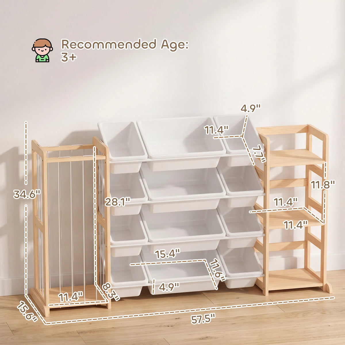 3‑in‑1 Wooden Kids Toy Storage Organizer with 12 Removable Bins, Bookshelf & Stuffed Animal Storage for Bedroom Playroom Nursery
