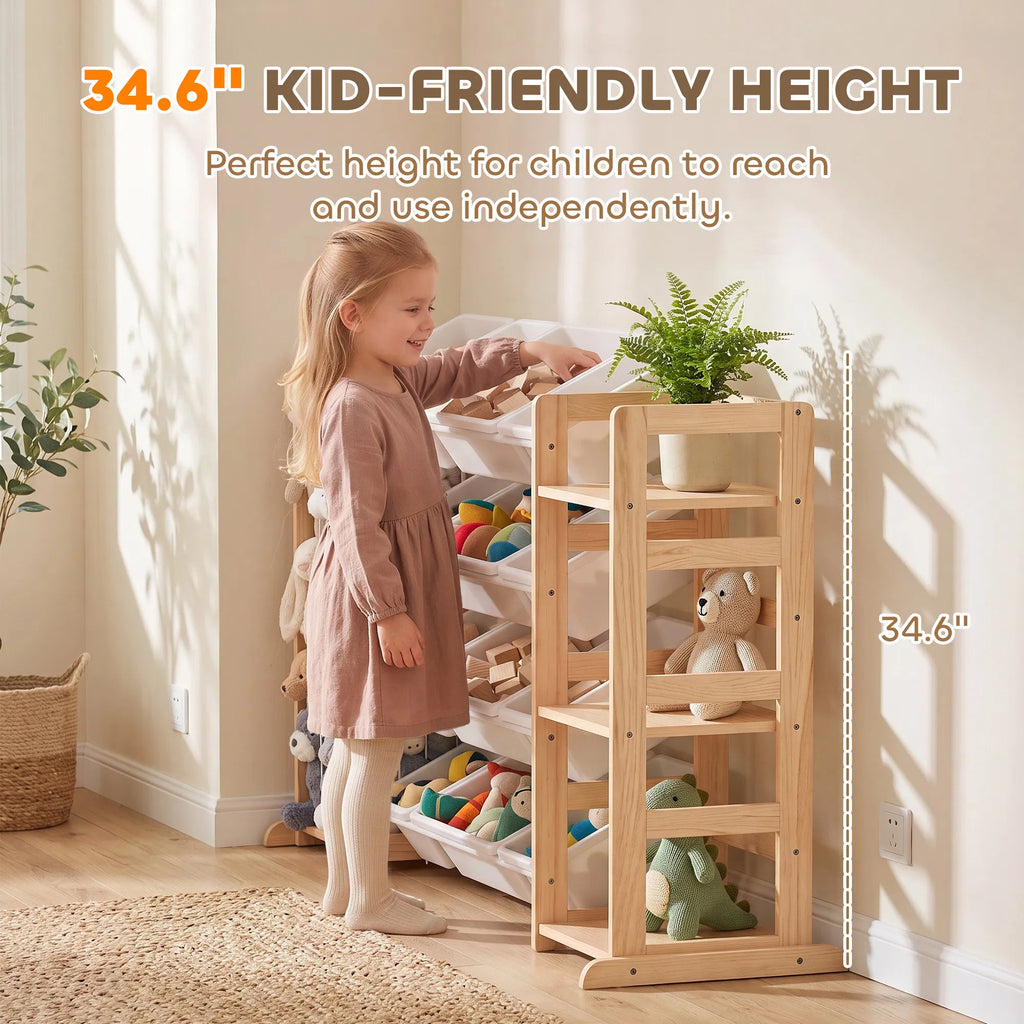 3‑in‑1 Wooden Kids Toy Storage Organizer with 12 Removable Bins, Bookshelf & Stuffed Animal Storage for Bedroom Playroom Nursery