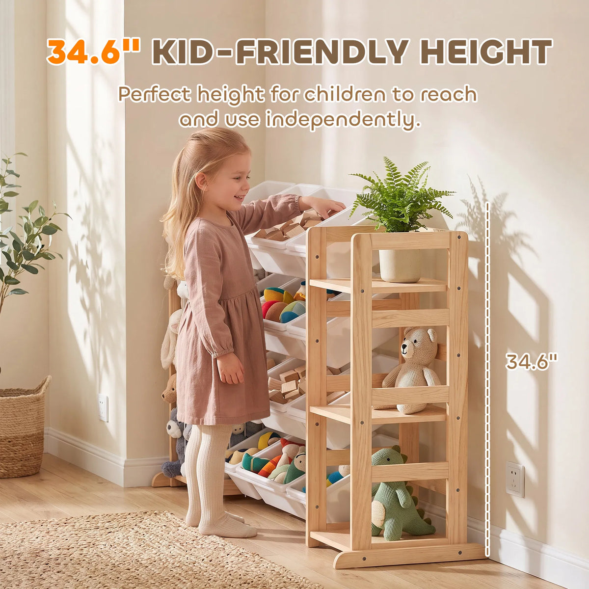 3‑in‑1 Wooden Kids Toy Storage Organizer with 12 Removable Bins, Bookshelf & Stuffed Animal Storage for Bedroom Playroom Nursery