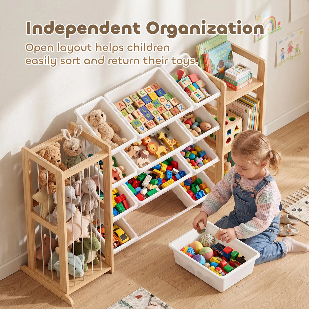 3‑in‑1 Wooden Kids Toy Storage Organizer with 12 Removable Bins, Bookshelf & Stuffed Animal Storage for Bedroom Playroom Nursery